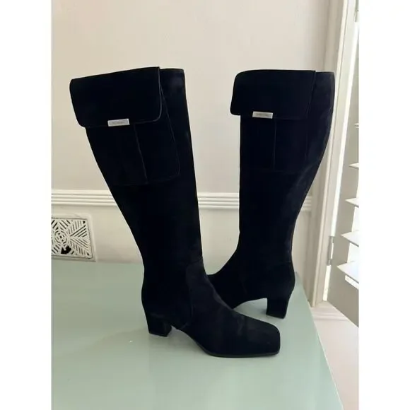 YVES SAINT LAURENT VTG Square Toe Black Suede Knee Boots Block Heels Sz 7.5 YSL - Picture 10 of 16